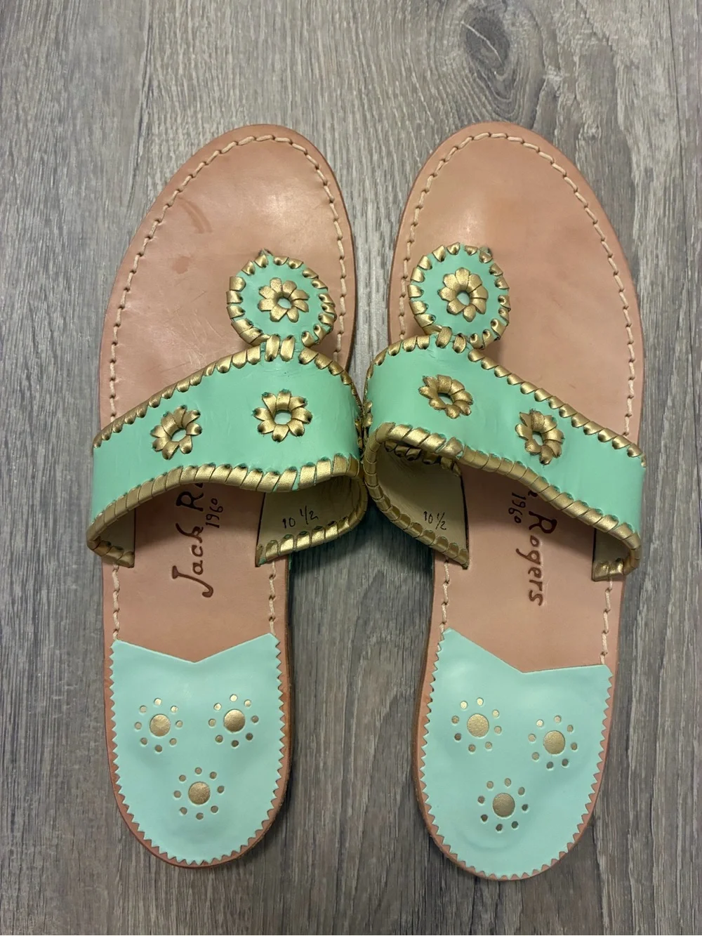 Jack Rogers Mint Green Leather Thong Sandals with Gold Accents- 10.5